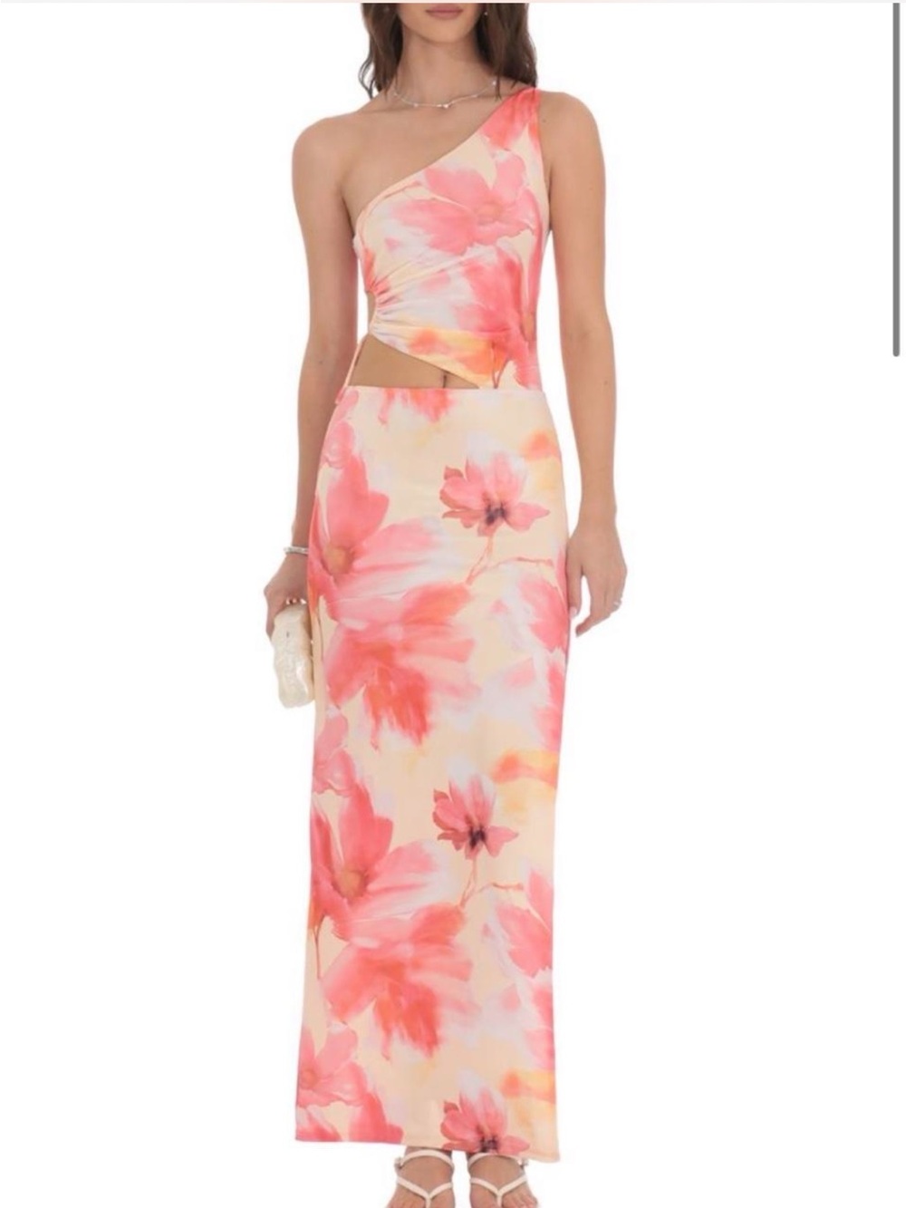 Lucy in the Sky One-Shoulder Floral Maxi Dress in Coral Pink